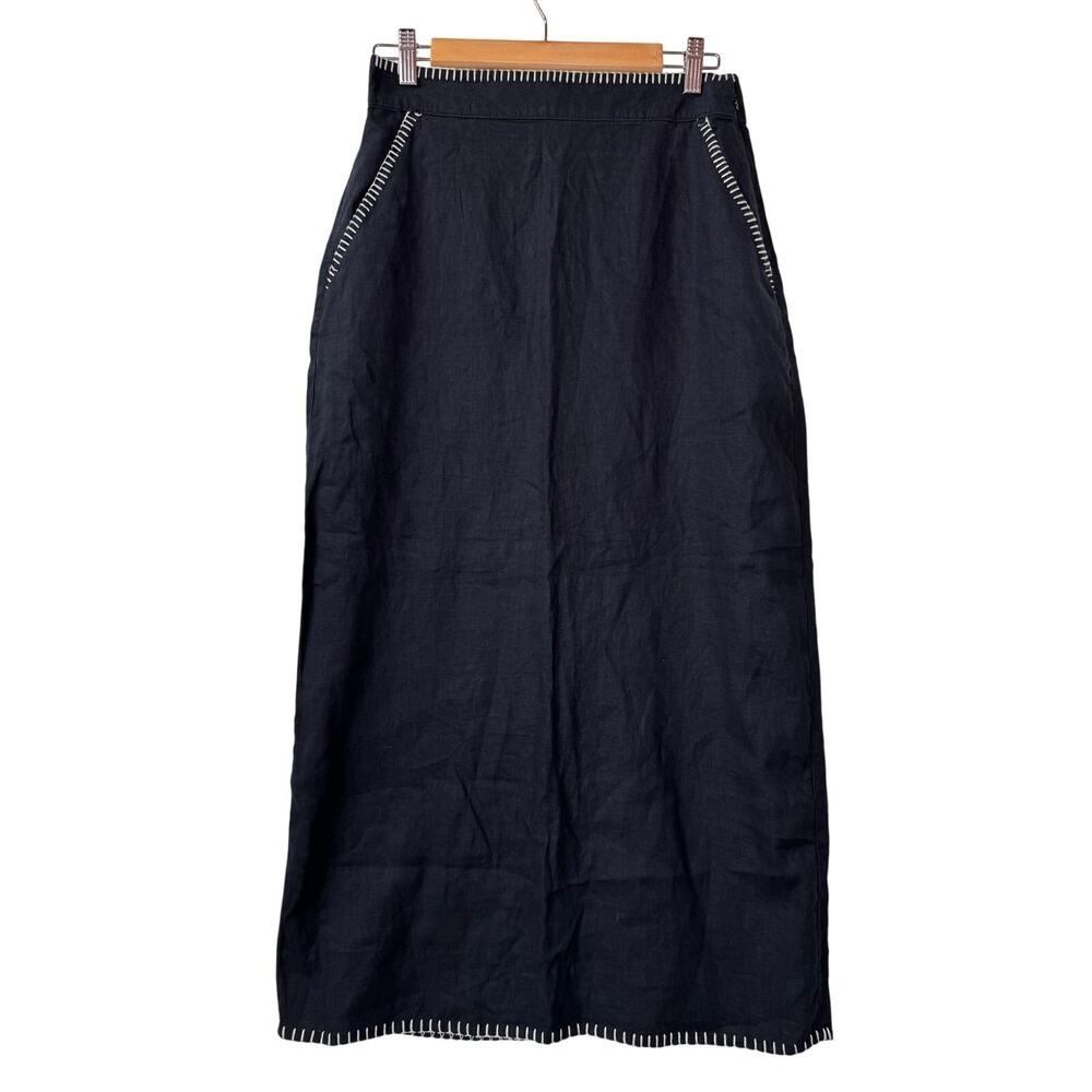 Rachel Zoe Maxi Skirt Womens 4 Black Linen Contrast Blanket Stitch Column Skirt